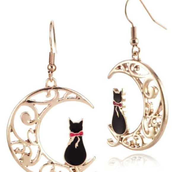 Exquisite Moon Cat Earrings - Black - Picture 5 of 10